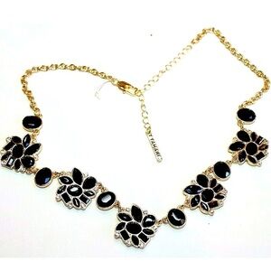 Tahari Black Stone Clear Crystal Floral Necklace Gold Tone